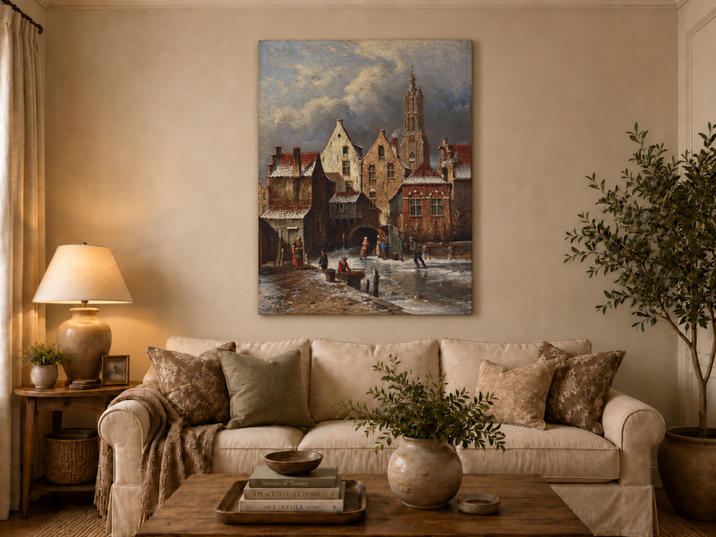 Landscape Oil Painting - Winter European Canal Scene with Figures