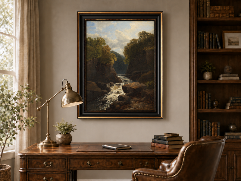 Peinture à l'huile de paysage - Rivière printanière avec pêcheur et arbres
