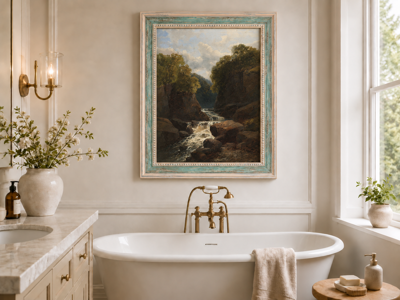 Peinture à l'huile de paysage - Rivière printanière avec pêcheur et arbres