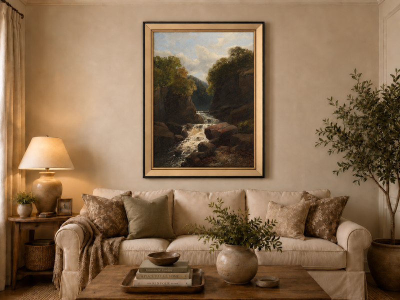 Peinture à l'huile de paysage - Rivière printanière avec pêcheur et arbres