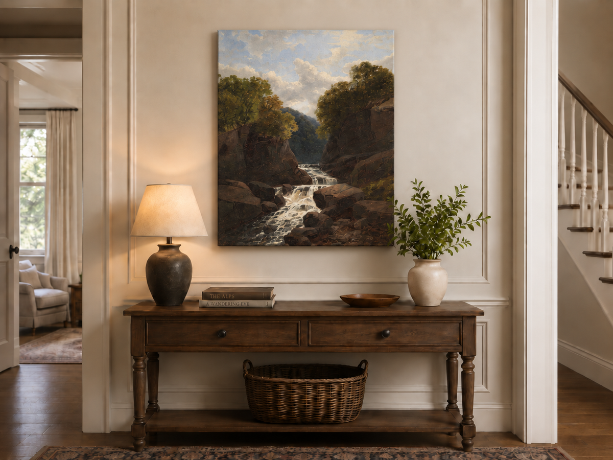 Peinture à l'huile de paysage - Rivière printanière avec pêcheur et arbres