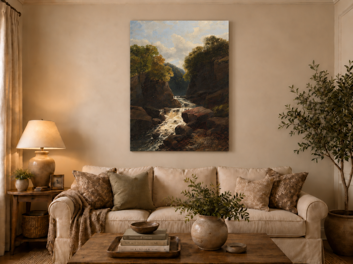 Peinture à l'huile de paysage - Rivière printanière avec pêcheur et arbres