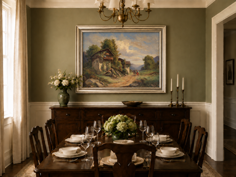 Landscape Oil Painting - Cottage Path, Vined Homes & Children