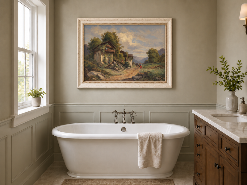 Landscape Oil Painting - Cottage Path, Vined Homes & Children