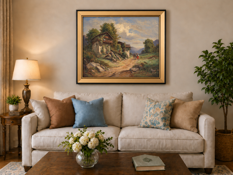 Landscape Oil Painting - Cottage Path, Vined Homes & Children