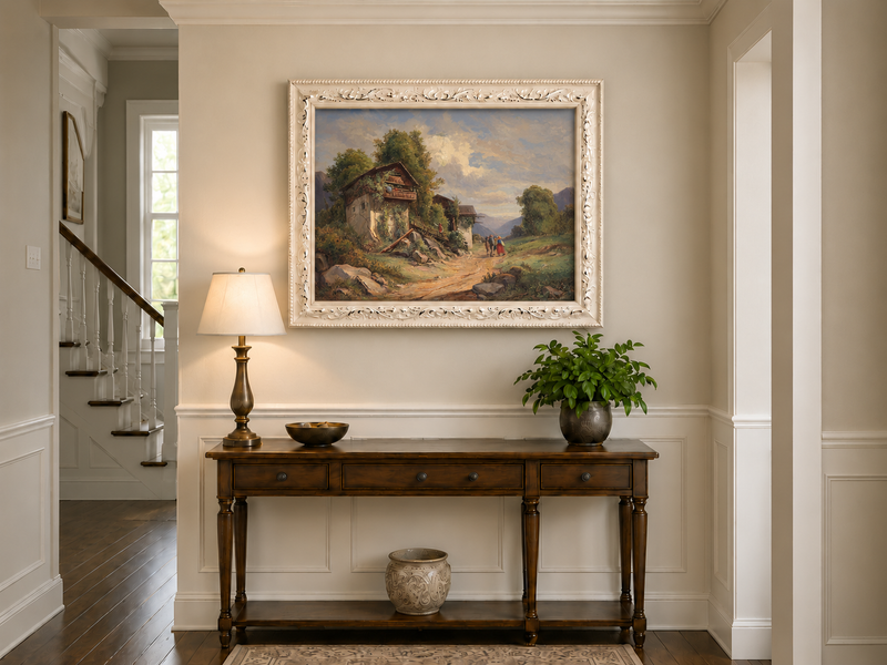 Landscape Oil Painting - Cottage Path, Vined Homes & Children