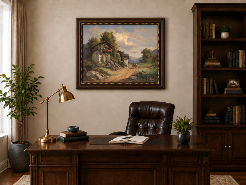 Landscape Oil Painting - Cottage Path, Vined Homes & Children