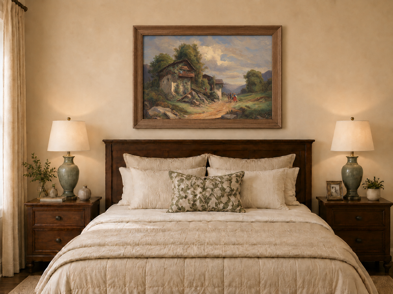 Landscape Oil Painting - Cottage Path, Vined Homes & Children