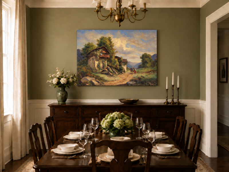 Landscape Oil Painting - Cottage Path, Vined Homes & Children