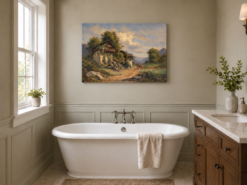Landscape Oil Painting - Cottage Path, Vined Homes & Children