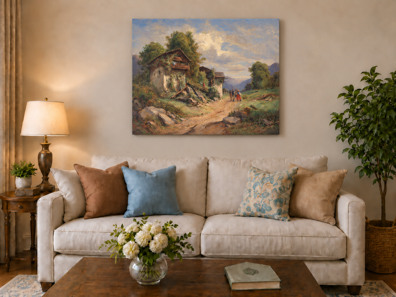 Landscape Oil Painting - Cottage Path, Vined Homes & Children