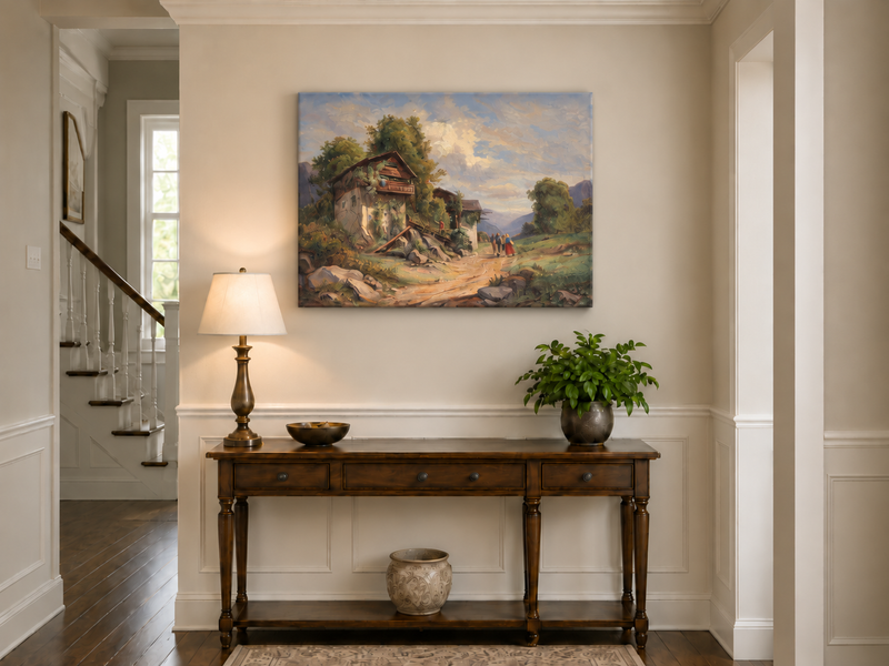 Landscape Oil Painting - Cottage Path, Vined Homes & Children