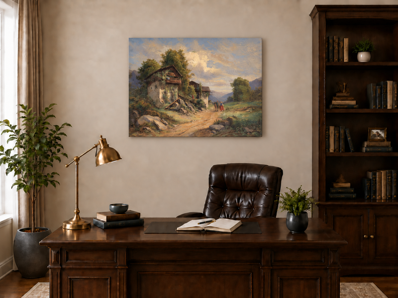 Landscape Oil Painting - Cottage Path, Vined Homes & Children