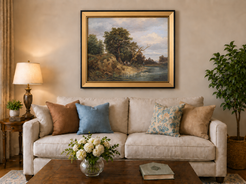 Peinture à l'huile de paysage - Paysage de rivière Vieux arbres, Personnages