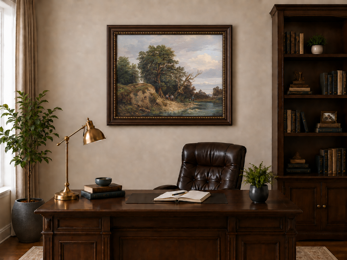 Peinture à l'huile de paysage - Paysage de rivière Vieux arbres, Personnages