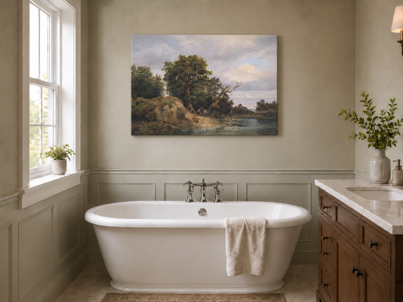 Peinture à l'huile de paysage - Paysage de rivière Vieux arbres, Personnages