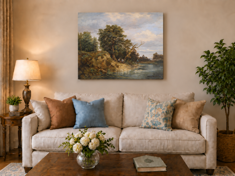 Peinture à l'huile de paysage - Paysage de rivière Vieux arbres, Personnages