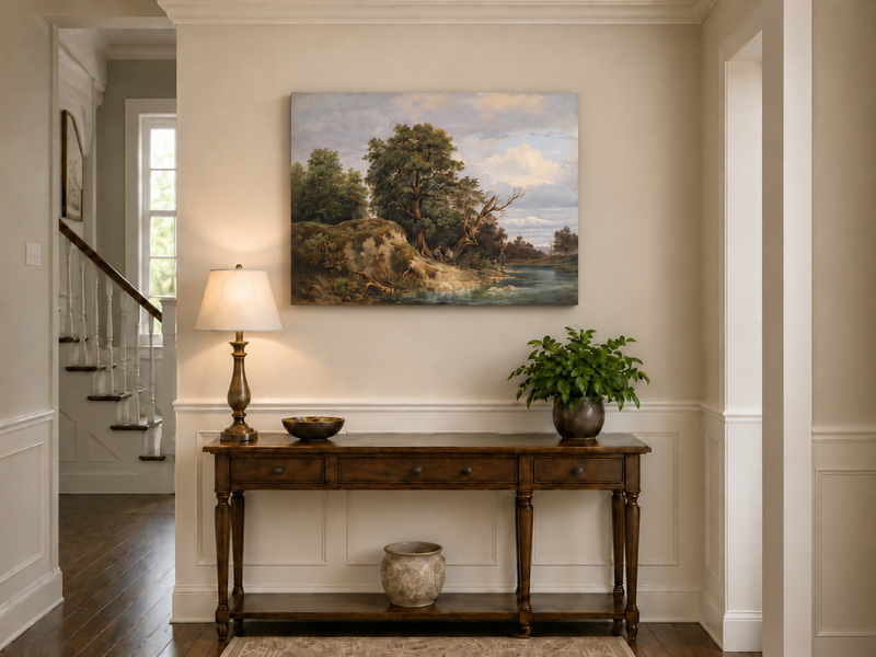 Peinture à l'huile de paysage - Paysage de rivière Vieux arbres, Personnages