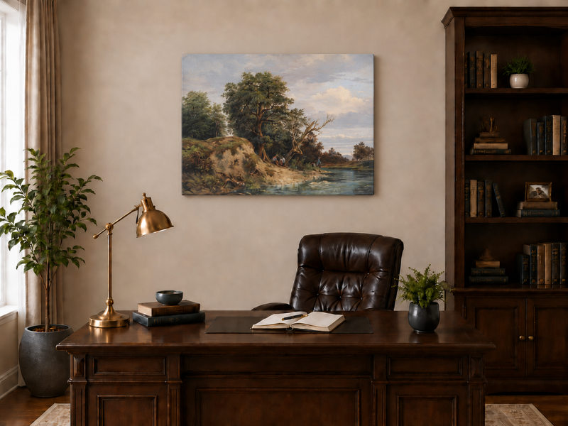 Peinture à l'huile de paysage - Paysage de rivière Vieux arbres, Personnages