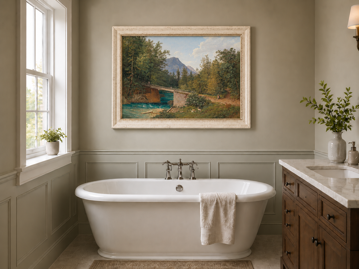 Landscape Oil Painting - Mountain Stream Wooden Bridge & Figures