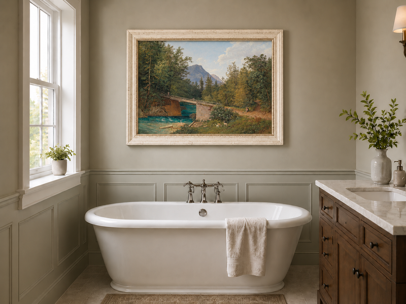 Landscape Oil Painting - Mountain Stream Wooden Bridge & Figures