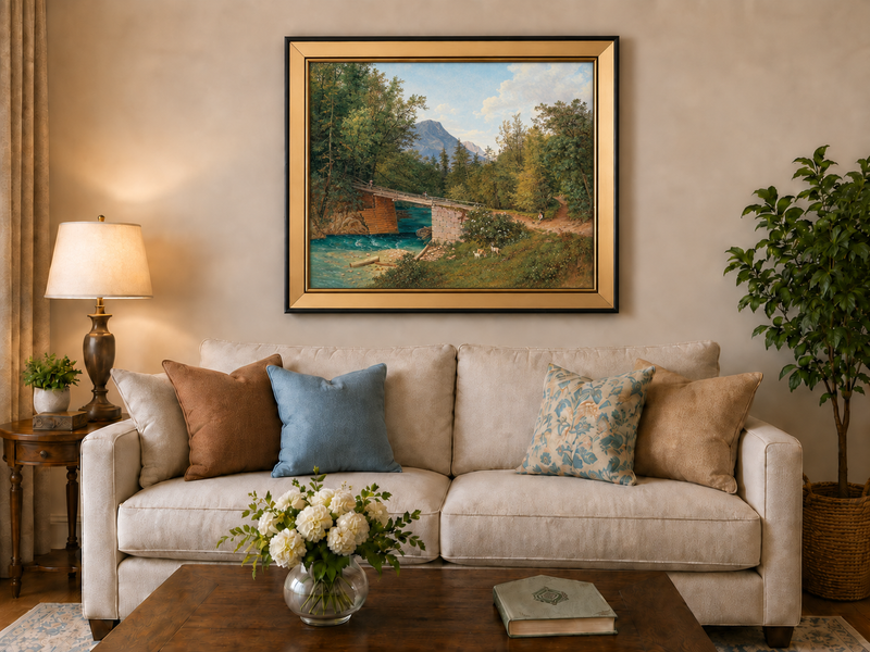 Landscape Oil Painting - Mountain Stream Wooden Bridge & Figures