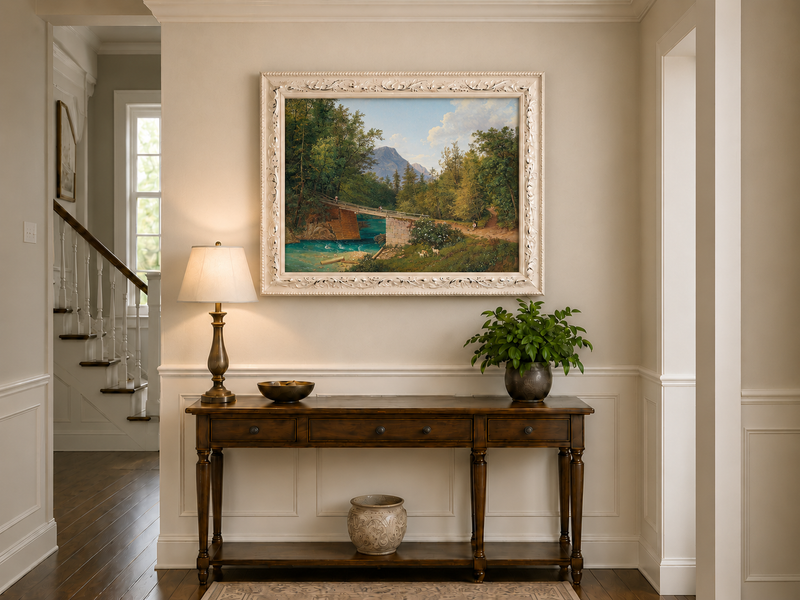 Landscape Oil Painting - Mountain Stream Wooden Bridge & Figures