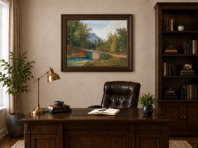 Landscape Oil Painting - Mountain Stream Wooden Bridge & Figures