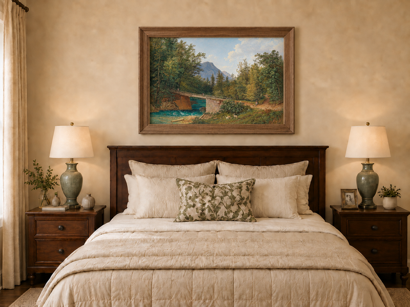 Landscape Oil Painting - Mountain Stream Wooden Bridge & Figures