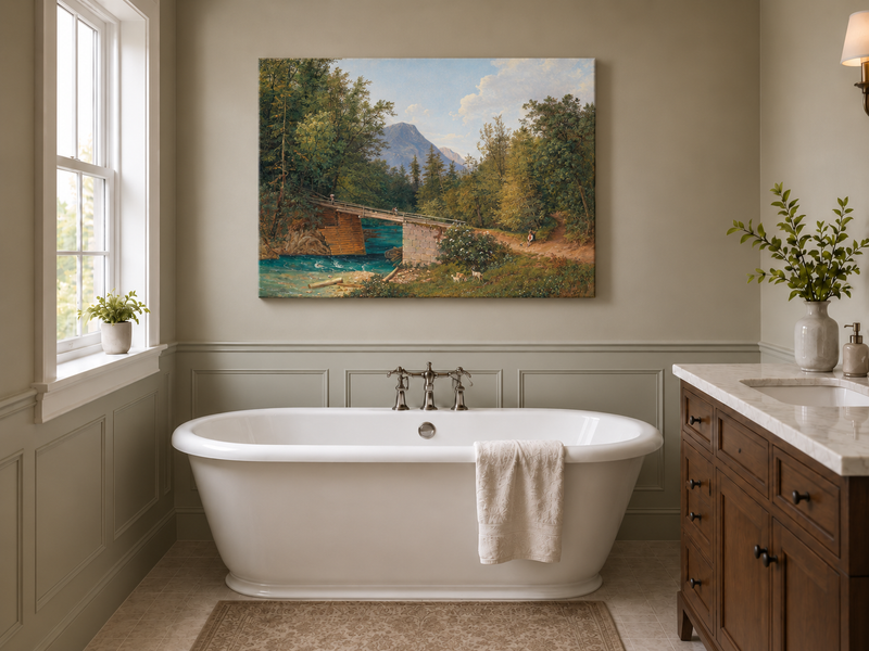 Landscape Oil Painting - Mountain Stream Wooden Bridge & Figures