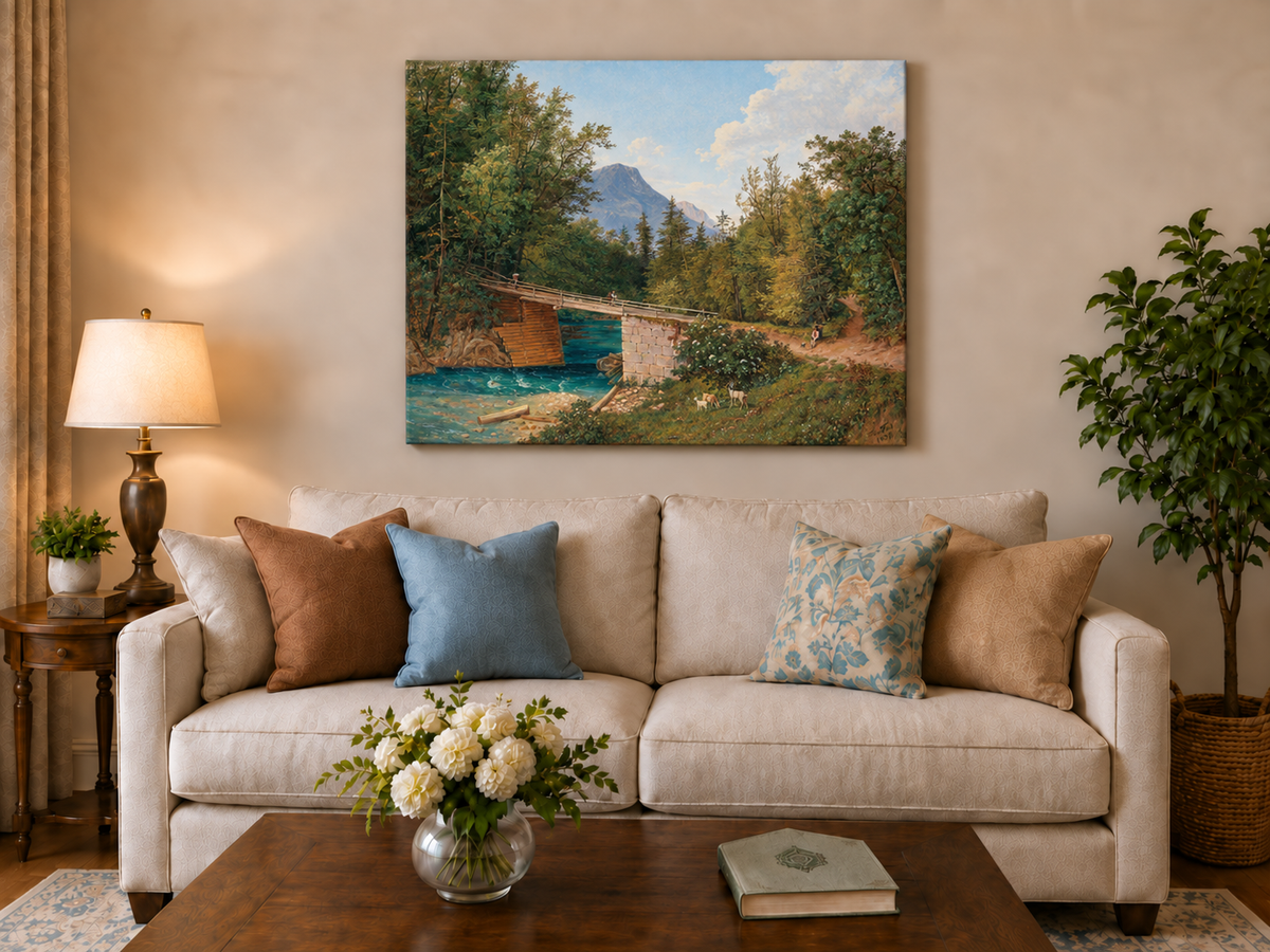Landscape Oil Painting - Mountain Stream Wooden Bridge & Figures