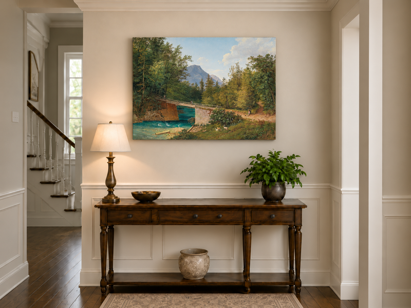 Landscape Oil Painting - Mountain Stream Wooden Bridge & Figures