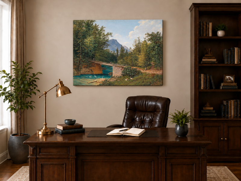 Landscape Oil Painting - Mountain Stream Wooden Bridge & Figures