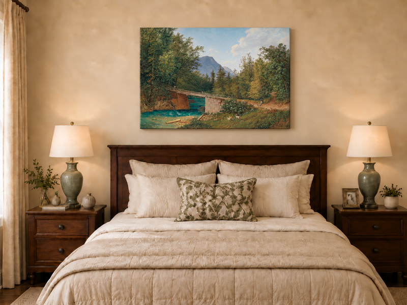 Landscape Oil Painting - Mountain Stream Wooden Bridge & Figures