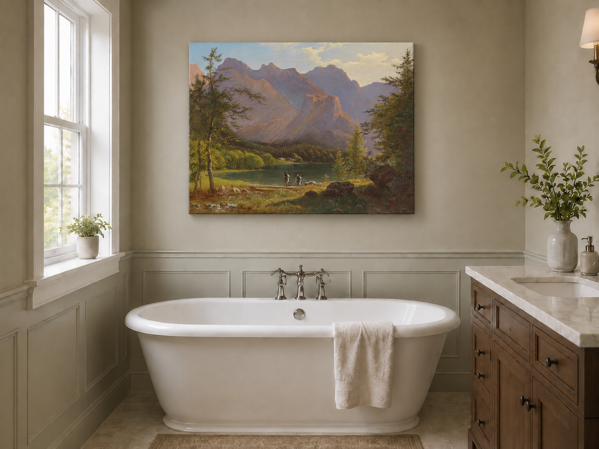 Peinture à l'huile de paysage - Lac de montagne, personnages et sommets ensoleillés