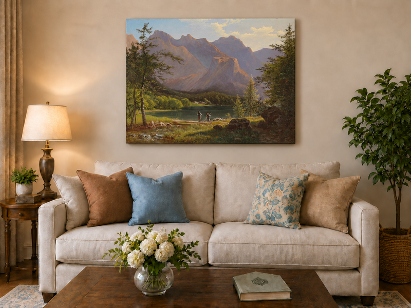 Peinture à l'huile de paysage - Lac de montagne, personnages et sommets ensoleillés