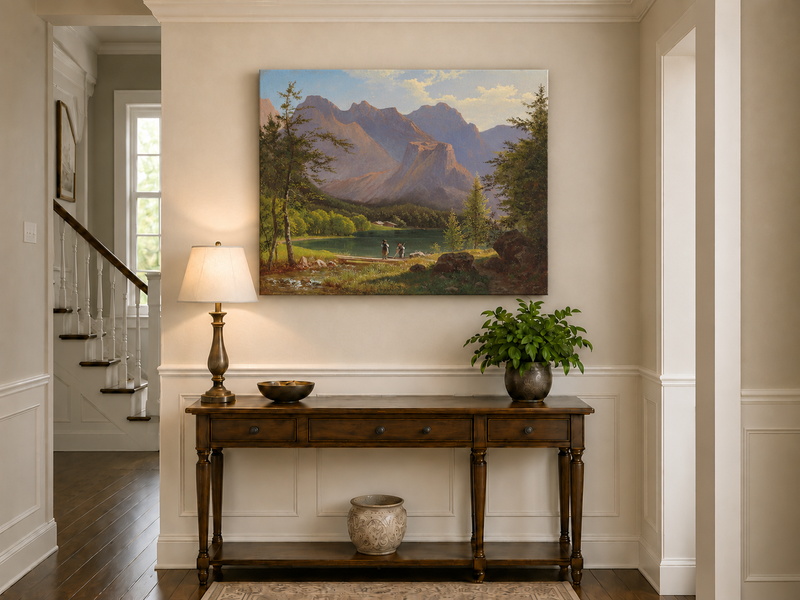 Peinture à l'huile de paysage - Lac de montagne, personnages et sommets ensoleillés