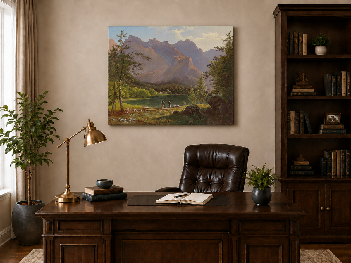 Peinture à l'huile de paysage - Lac de montagne, personnages et sommets ensoleillés