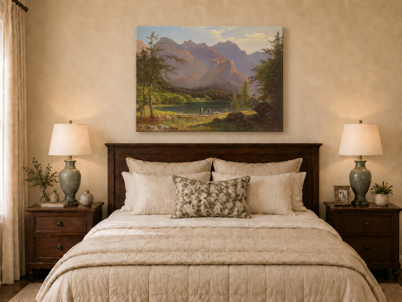 Peinture à l'huile de paysage - Lac de montagne, personnages et sommets ensoleillés