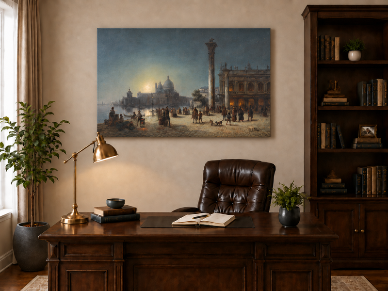 Landschaftsgemälde in Öl – Venedig im Mondschein und historische Architektur