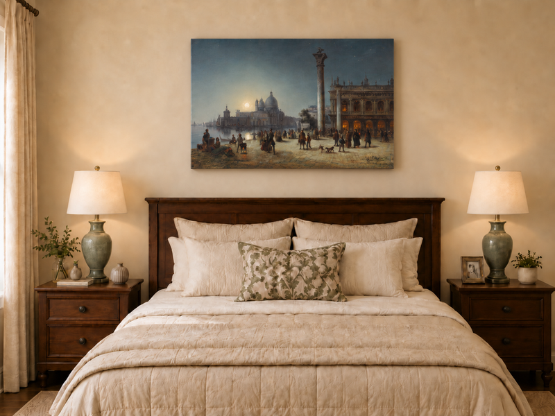 Landschaftsgemälde in Öl – Venedig im Mondschein und historische Architektur