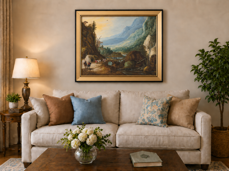 Peinture à l'huile de paysage - Scène de rivière hivernale avec personnages et chevaux