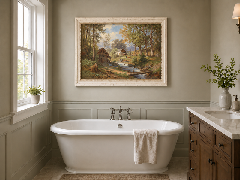 Peinture à l'huile de paysage - Chaumières au bord d'un ruisseau forestier