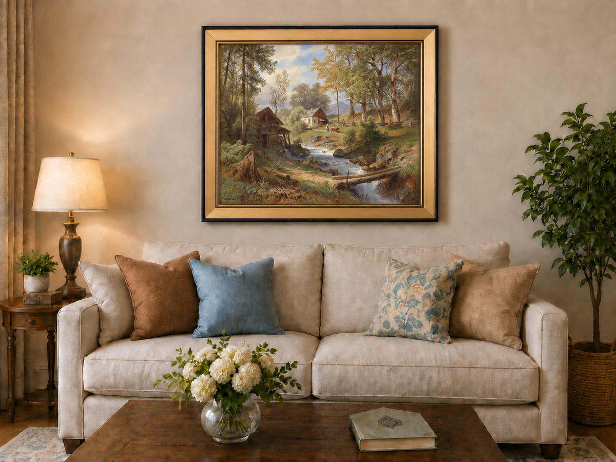 Peinture à l'huile de paysage - Chaumières au bord d'un ruisseau forestier