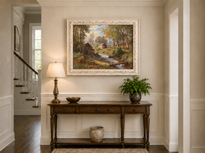 Peinture à l'huile de paysage - Chaumières au bord d'un ruisseau forestier