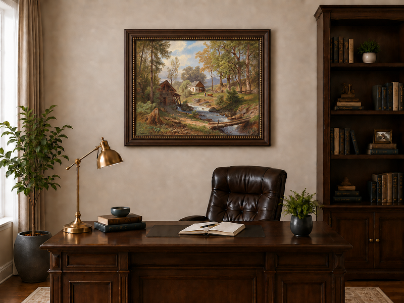 Peinture à l'huile de paysage - Chaumières au bord d'un ruisseau forestier