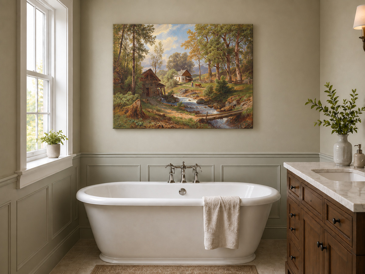 Peinture à l'huile de paysage - Chaumières au bord d'un ruisseau forestier