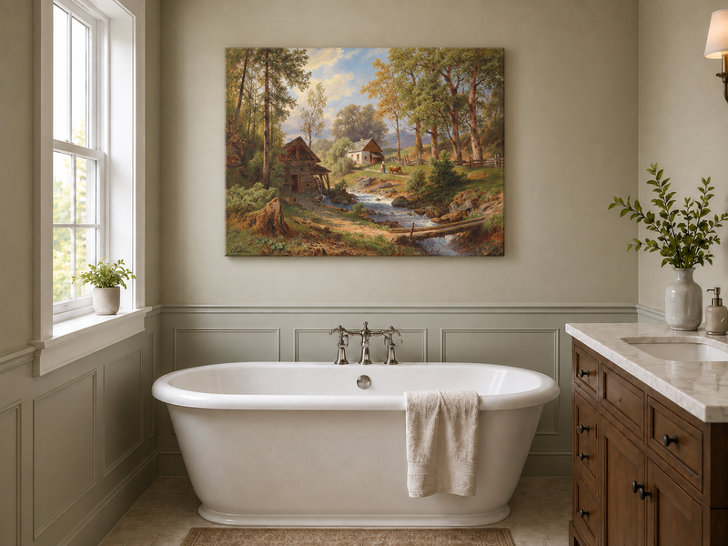 Peinture à l'huile de paysage - Chaumières au bord d'un ruisseau forestier