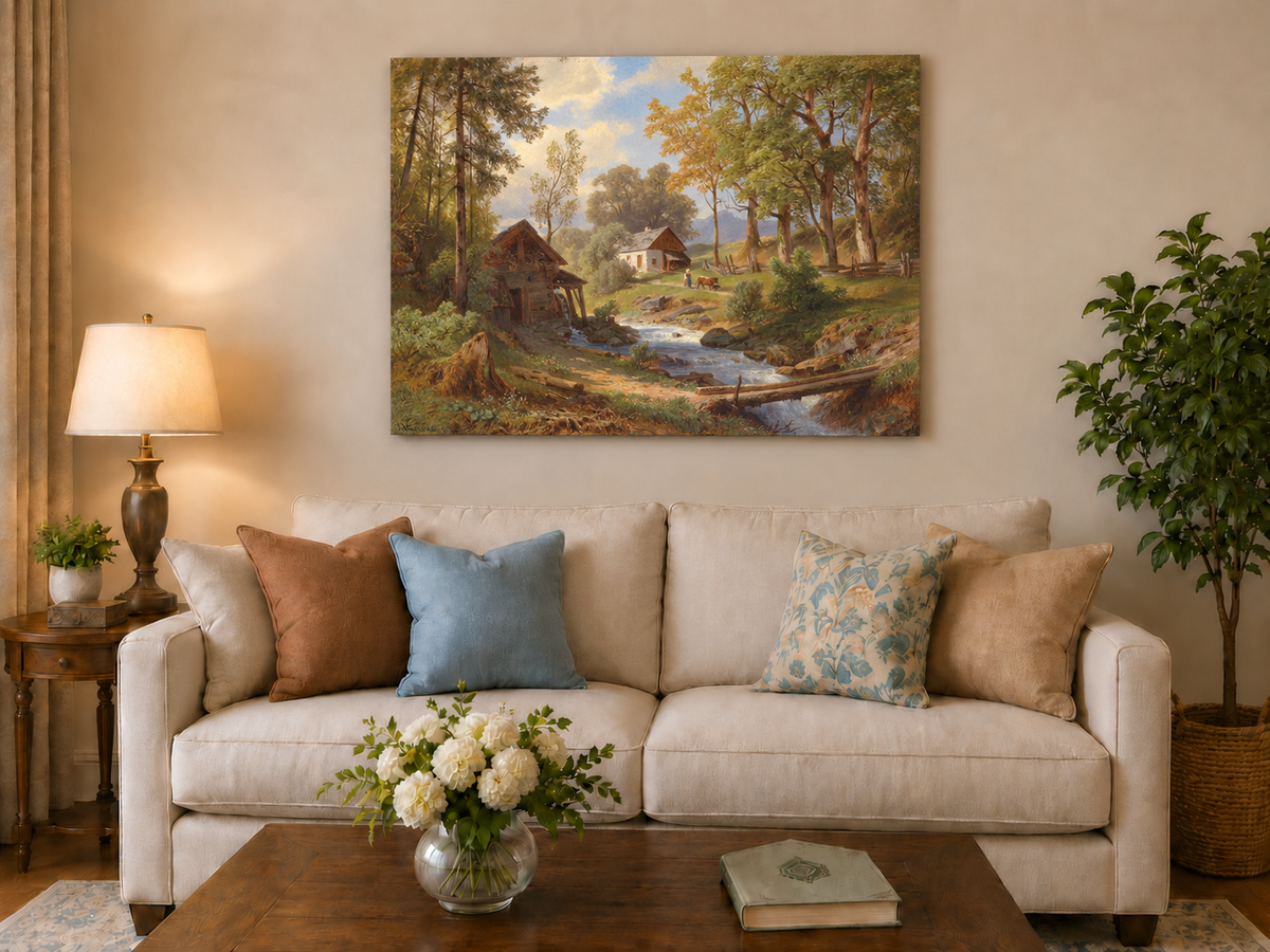 Peinture à l'huile de paysage - Chaumières au bord d'un ruisseau forestier