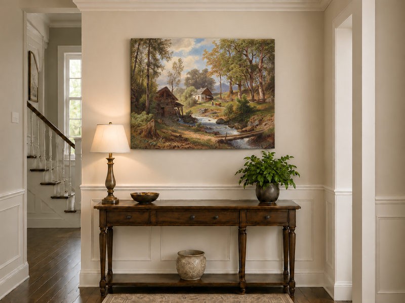 Peinture à l'huile de paysage - Chaumières au bord d'un ruisseau forestier